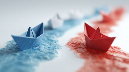 Paper boats moving into separate water channels red ocean and blue ocean