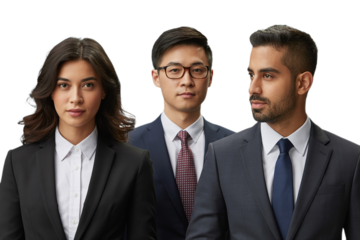 Three Diverse Professionals in Business Attire on Transparent Background Ready for Compositing