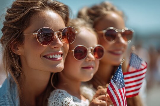Three smiling females wearing sunglasses  holding US flags celebrating a national holiday outdoors