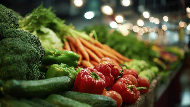 Fresh Organic Vegetables Display with Vibrant Peppers and Carrots at a Market Stall