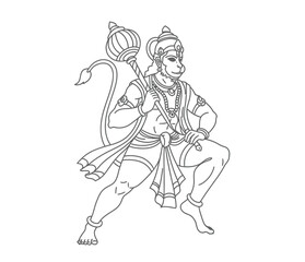 Hanuman drawing. It is a black and white outline sketch of Hanuman, the powerful Hindu monkey god, holding a mace. Vector sketch line art draw.