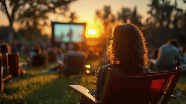 Outdoor Movie Night at Sunset with Audience Relaxing on Lawn Chairs