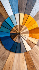 Fototapeta premium Wood Swatch Wheel: An assortment of wooden samples in a spectrum of hues arranged in a circular pattern. Displaying the range of colors and textures for flooring or carpentry projects.