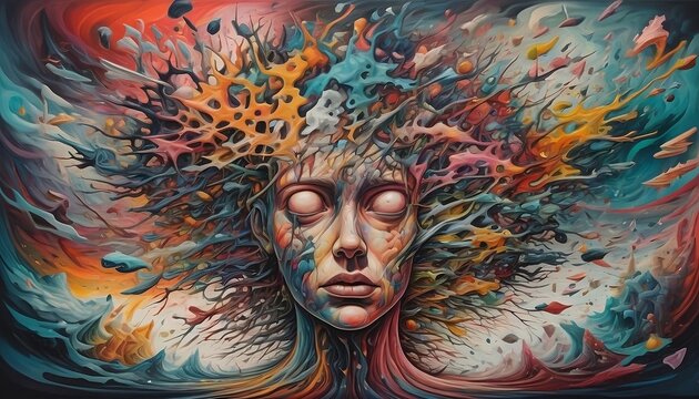 an abstract or surreal image that represents the turbulent and chaotic nature of a mind in distress. Incorporate vibrant colors, swirling shapes, fragmented elements, created with generative ai