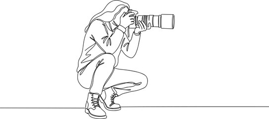 Continuous line drawing of female photographer taking a photo, professional woman with camera, kneeling pose, creative artist concept, modern minimalist illustration, digital sketch artwork © Monir Worlds