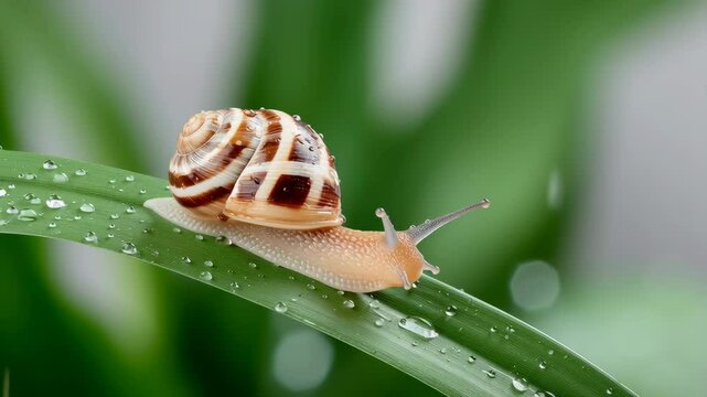 Snail with a beautifully patterned shell is slowly moving along a green leaf covered in droplets of water, showcasing the delicate balance of nature and the beauty of small creatures in their environm