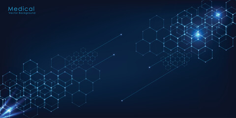 Hexagons pattern on blue background. Genetic research, molecular structure. Chemical engineering. Concept of innovation technology