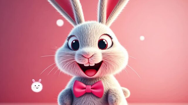 Whimsical Rabbit's Joy: A charming and adorable cartoon rabbit, wearing a bow tie, radiates pure happiness. The vibrant pink backdrop adds a playful touch.