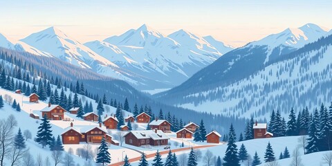 Cozy winter village nestled in snowy mountains and hills Horizontal landscape, flat vector illustration,  scenic,  image