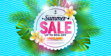 Summer Sale Business Promotional Design with Flower and Tropical Palm Leaves on Blue Waves Background. Exotic Floral Vector Illustration with Special Offer Typography for Coupon, Voucher, Banner