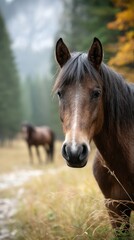 Fototapeta premium Horses grazing peacefully in a serene autumn landscape with colorful foliage in the background