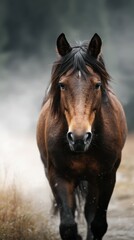Obraz premium Strong brown horse walking through misty landscape in early morning light at rural setting