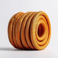 Orange and gray rope coiled.  A bright orange climbing rope, with gray speckles, is neatly coiled.  The rope appears strong and durable
