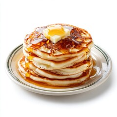 Stack of fluffy golden pancakes topped with butter syrup on a white plate with a clear background, perfect for breakfast or brunch images