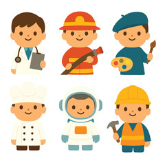 Cartoon children dressed as doctor, firefighter, artist, chef, astronaut, and builder on white background. Flat vector illustration in character design style. Childhood professions and career concept 