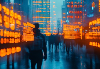 People walk through a cityscape illuminated by glowing orange digital stock market data on transparent screens at dusk.