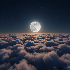 Obraz premium Full moon view from above a vast expanse of clouds at night. A breathtaking, high-altitude perspective of a cloud layer with a luminous moon positioned over it.
