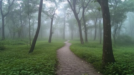 Obraz premium Misty forest path winding through lush greenery