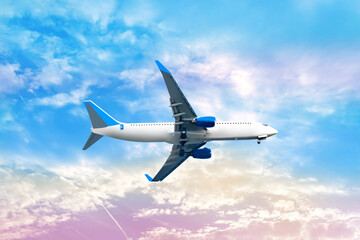 plane in flight, airplane commercial flight transportation, aviation, aircraft in beautiful...