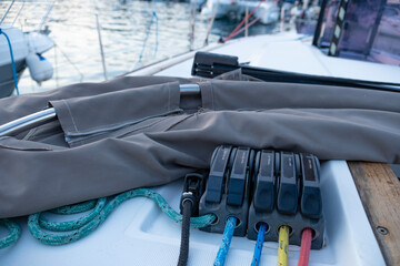 Boat rigging, Yacht rope clutches detail, sailing equipment, boat rigging, nautical, water...