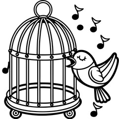 Fototapeta premium Bird singing next to a cage isolated on white background