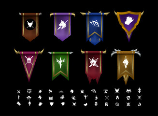 set of colorful heraldic flag banner pennant with various shape and symbol collection