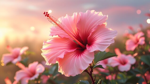beautiful blooming pink hibiscus flower in sharp focus, bathed in warm golden sunset light