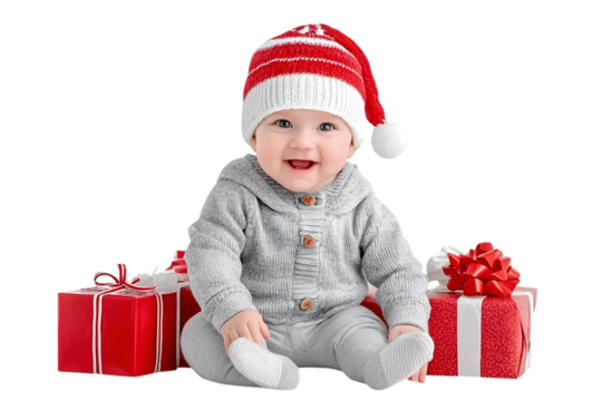 Santa Claus baby girl opening gift box isolated on white background. Ai Generated Images - Powered by Adobe