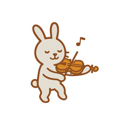 A cute bunny playing the violin with a happy expression.
