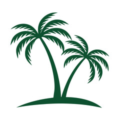 Two Dark Green Palm Trees on a Small Green Island Silhouette Against White Background Simple Tropical Illustration