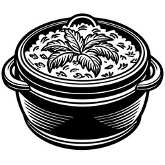 Black and white cauldron with herbs isolated on white background