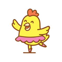 A cheerful cartoon chicken in a ballet pose