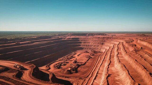 Open-cast bauxite mine with red soil under a clear sky capturing the vast landscape and extraction activity