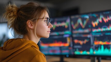 Female investor in a modern office looking at a computer screen while analyzing financial data