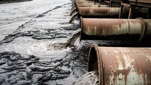 Polluted river beside mining discharge pipes releasing contaminated water into the environment