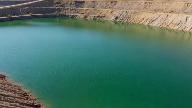 Tailing pond with toxic water surrounded by earth berms in a mining site
