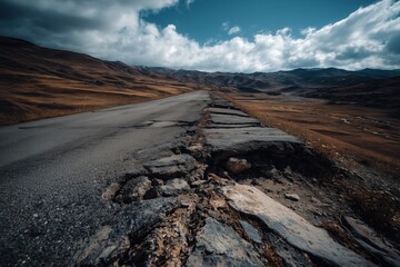 A challenging journey along a deteriorated road, a concept of hardship.