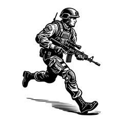 Obraz premium Soldier running with rifle and full gear engraving black and white outline. Scratch board imitation.