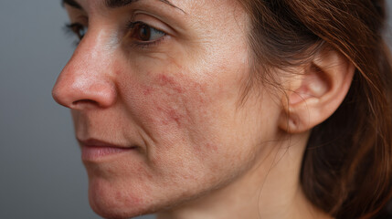 Red dry patch on cheek with facial eczema close up macro view showing irritated skin texture and inflammation on adult woman face