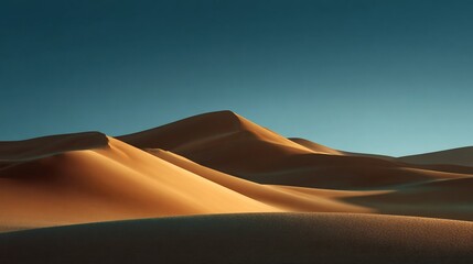 a minimalist landscape of rolling sand dunes in the Namib desert at dawn, the soft light creating a beautiful interplay of smooth curves, light, and shadow, serene and vast