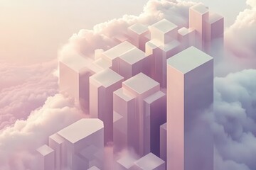 Fototapeta premium Abstract Cityscape in Soft Pastel Colors Surrounded by Clouds