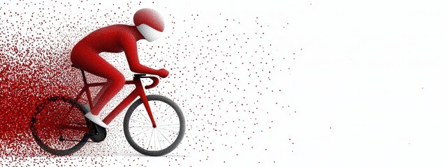 Red cyclist in motion, depicted in a pointillist style against a white background. The figure and bicycle are composed of small red dots, creating a sense of speed and dynamism. 