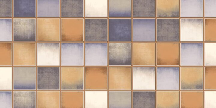 Colorful ceramic tile collage with mixed geometric and abstract patterns, vintage textured design for interior wall, floor, and home decor