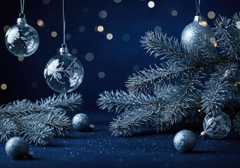 Elegant blue and silver Christmas background with frosted fir branches and sparkling baubles on a glittery surface, with golden bokeh lights creating a magical and serene winter holiday atmosphere.