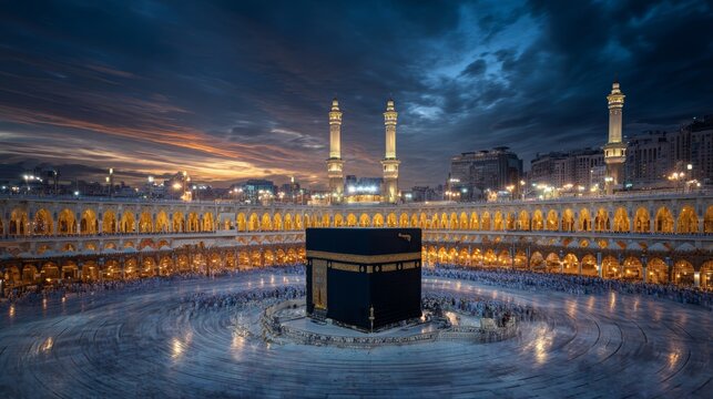 Kabba at dusk: illuminated mosque scene with stunning sky and towering minarets