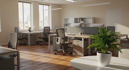 Sunlit Office Space: Modern Desks, Rolling Chairs, and Green Plant Accent.