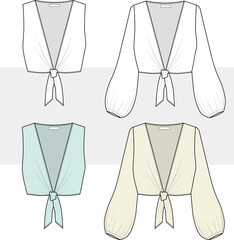 Women's knotted hem blouse, ribbon crop top technical fashion drawing, illustration. Flat sketch, vector, Cad, mockup set.