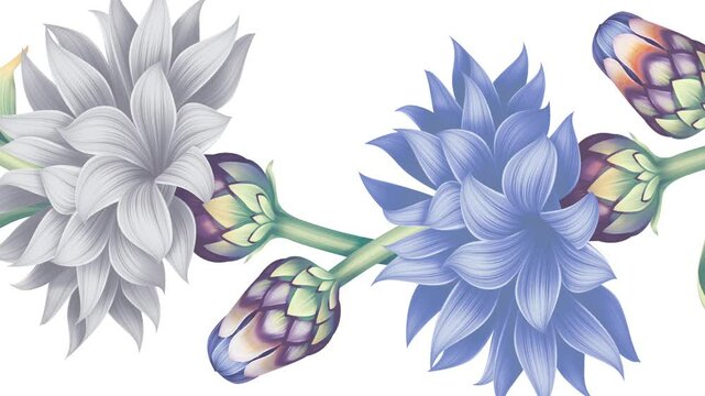 Colorful floral border with gradient blue and grey flowers, blooming buds, and artistic leaves for digital print and decor design.