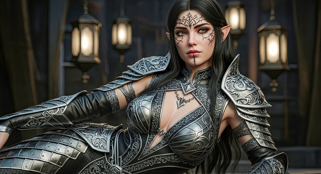 Striking portrait of a dark elf warrior woman in intricate, ornate silver and black armor, adorned with mystical facial markings, against a dramatic backdrop of glowing lanterns