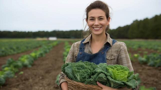 Smiling woman holds lettuce basket in agriculture cultivated field. AI generated.